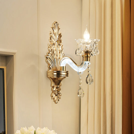 Floral Wall Sconce Modernist Style Clear Crystal 1/2-Light Gold Wall Light Fixture with Curved Arm for Living Room 1.0 Gold Clearhalo 'Modern wall lights' 'Modern' 'Wall Lamps & Sconces' 'Wall Lights' Lighting' 225606