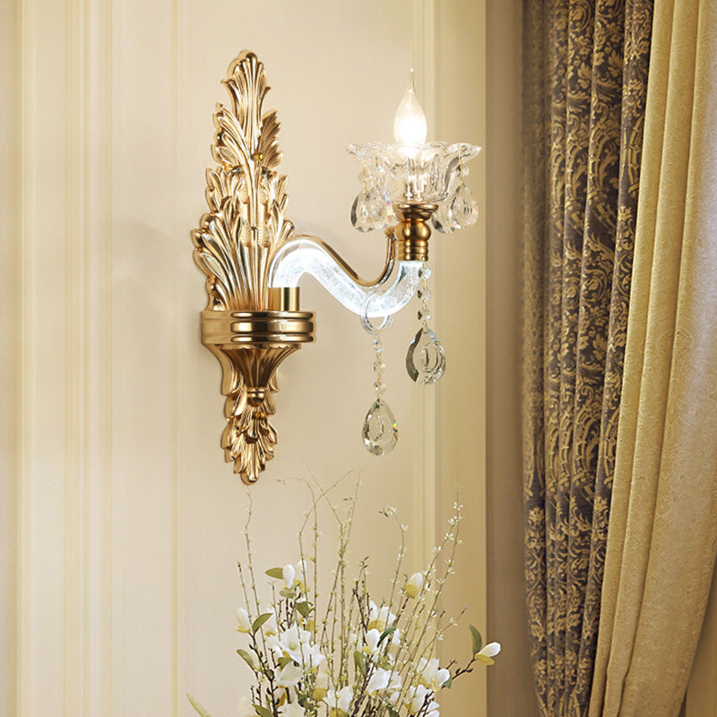 Floral Wall Sconce Modernist Style Clear Crystal 1/2-Light Gold Wall Light Fixture with Curved Arm for Living Room Clearhalo 'Modern wall lights' 'Modern' 'Wall Lamps & Sconces' 'Wall Lights' Lighting' 225607