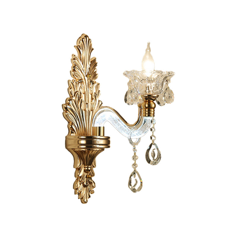 Floral Wall Sconce Modernist Style Clear Crystal 1/2-Light Gold Wall Light Fixture with Curved Arm for Living Room Clearhalo 'Modern wall lights' 'Modern' 'Wall Lamps & Sconces' 'Wall Lights' Lighting' 225608