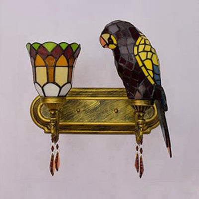 Lodge Style Parrot Wall Lighting Stained Glass 2 Heads Wall Sconce with Amber Crystal in Red/Blue Clearhalo 'Industrial' 'Middle century wall lights' 'Tiffany wall lights' 'Tiffany' 'Wall Lamps & Sconces' 'Wall Lights' Lighting' 22561