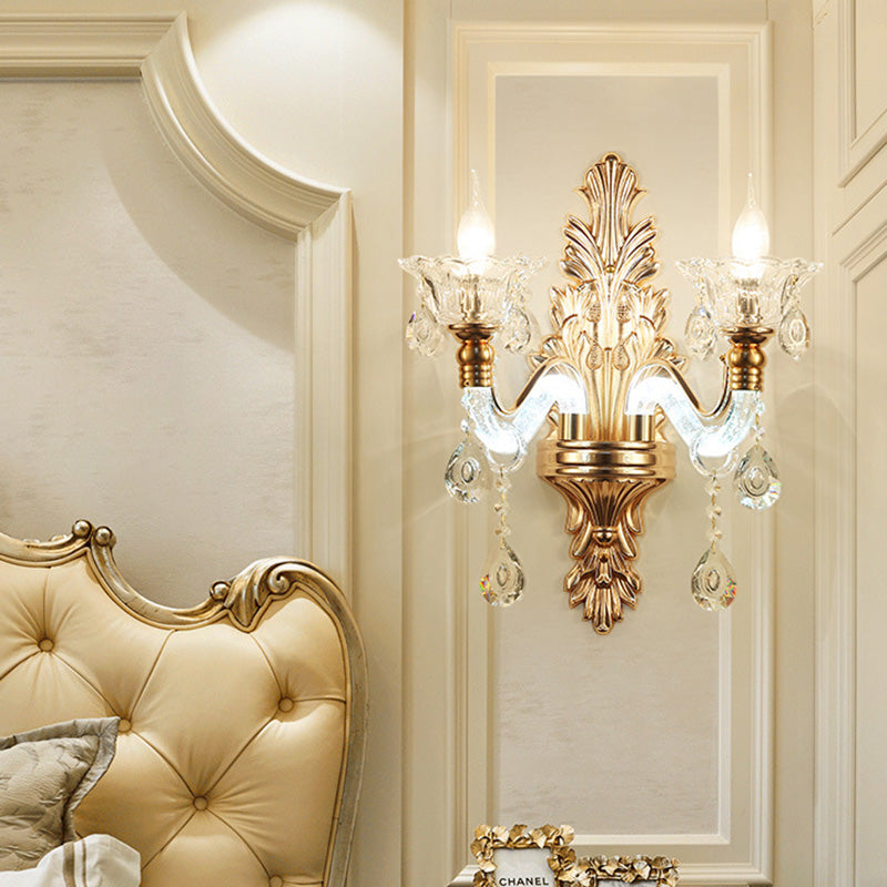 Floral Wall Sconce Modernist Style Clear Crystal 1/2-Light Gold Wall Light Fixture with Curved Arm for Living Room 2.0 Gold Clearhalo 'Modern wall lights' 'Modern' 'Wall Lamps & Sconces' 'Wall Lights' Lighting' 225610