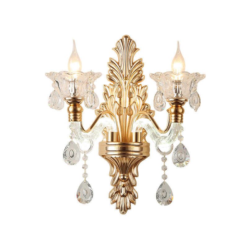Floral Wall Sconce Modernist Style Clear Crystal 1/2-Light Gold Wall Light Fixture with Curved Arm for Living Room Clearhalo 'Modern wall lights' 'Modern' 'Wall Lamps & Sconces' 'Wall Lights' Lighting' 225611