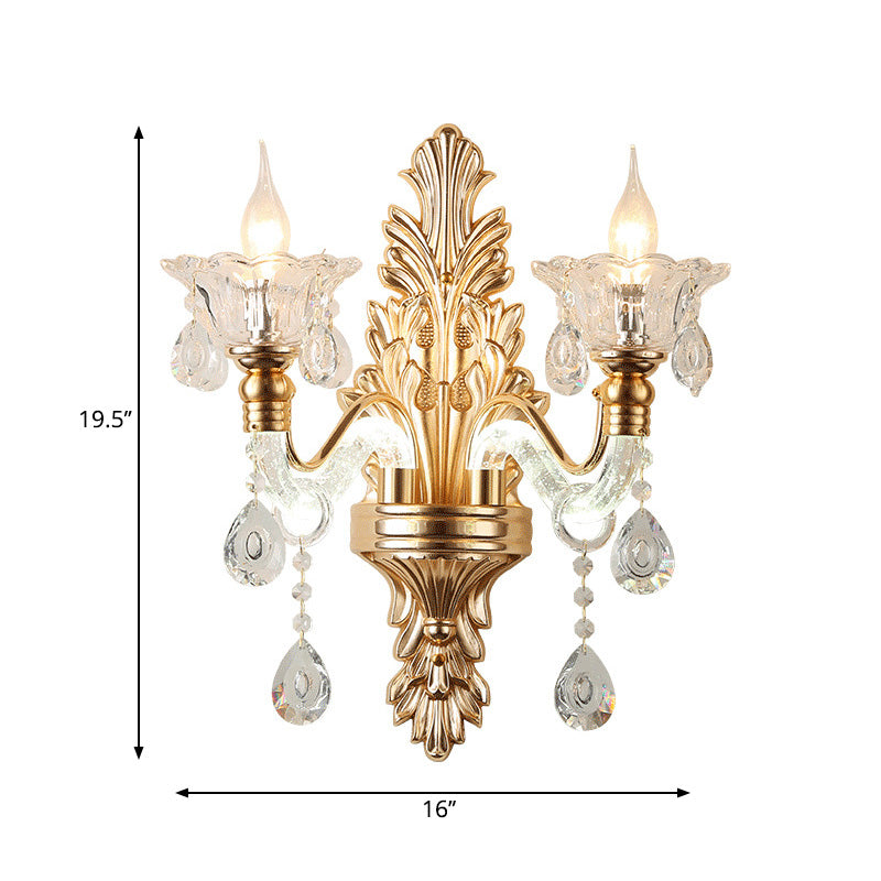 Floral Wall Sconce Modernist Style Clear Crystal 1/2-Light Gold Wall Light Fixture with Curved Arm for Living Room Clearhalo 'Modern wall lights' 'Modern' 'Wall Lamps & Sconces' 'Wall Lights' Lighting' 225612