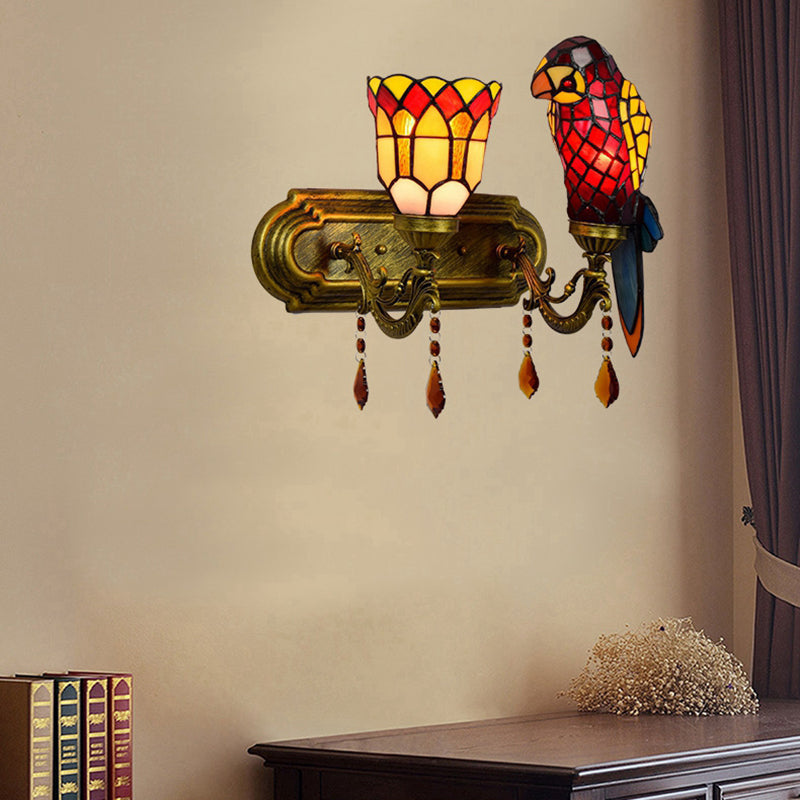 Lodge Style Parrot Wall Lighting Stained Glass 2 Heads Wall Sconce with Amber Crystal in Red/Blue Red Clearhalo 'Industrial' 'Middle century wall lights' 'Tiffany wall lights' 'Tiffany' 'Wall Lamps & Sconces' 'Wall Lights' Lighting' 22562