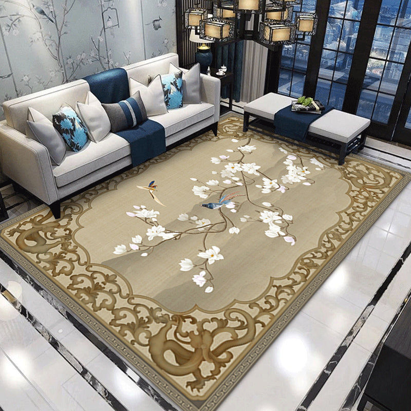 Multi Color Chinoiserie Rug Synthetics Printing Rug Stain Resistant Anti-Slip Washable Rug for Living Room Tan 3'11" x 5'3" Clearhalo 'Area Rug' 'Rug' 2256594