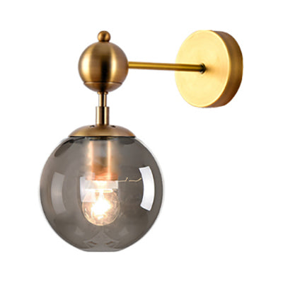1 Light Clear/Grey/Amber Glass Wall Sconce Vintage Brass Globe Shade Living Room Lighting Fixture Grey Clearhalo 'Cast Iron' 'Glass' 'Industrial' 'Modern wall lights' 'Modern' 'Tiffany' 'Traditional wall lights' 'Wall Lamps & Sconces' 'Wall Lights' Lighting' 22566