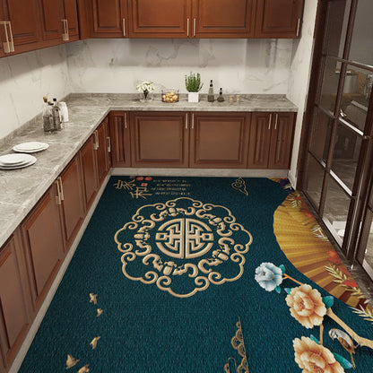 Chinoiserie Kitchen Rug Multicolor Print Rug Polypropylene Waterproof Stain Resistant Anti-Slip Rug Blackish Green Clearhalo 'Area Rug' 'Rug' 2256757