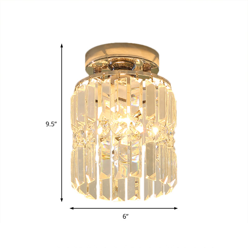 Minimal Cylindrical Small Ceiling Lamp Crystal 1-Light Corridor Ceiling Flush Mount in Chrome Clearhalo 'Ceiling Lights' 'Close To Ceiling Lights' 'Close to ceiling' 'Flush mount' Lighting' 225677