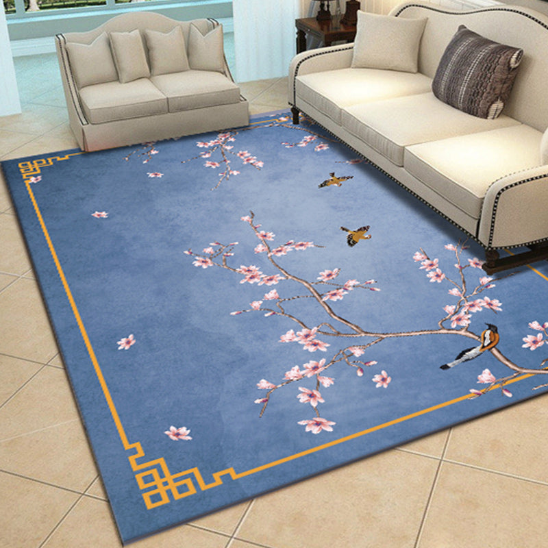 Chinese Flower Indoor Rug Multi-Colored Polypropylene Carpet Washable Anti-Slip Backing Pet-Friendly Rug for Home Peacock Blue Clearhalo 'Area Rug' 'Rug' 2256906