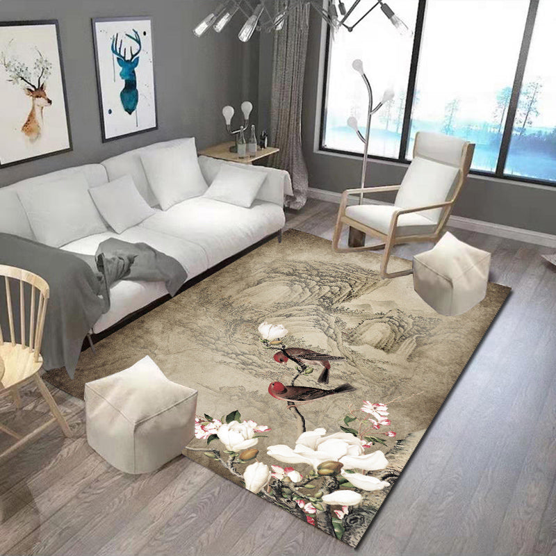 Chinese Flower Indoor Rug Multi-Colored Polypropylene Carpet Washable Anti-Slip Backing Pet-Friendly Rug for Home Tan Clearhalo 'Area Rug' 'Rug' 2256917