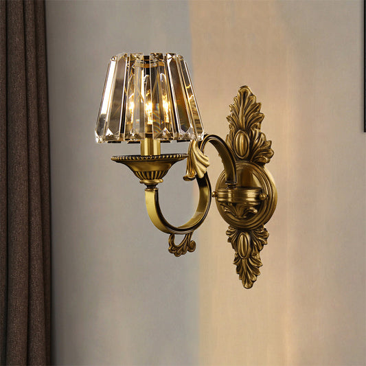 1 Bulb Porch Wall Lamp Contemporary Brass Finish Wall Lighting Fixture with Conical Clear Crystal Shade Brass Clearhalo 'Modern wall lights' 'Modern' 'Wall Lamps & Sconces' 'Wall Lights' Lighting' 225744