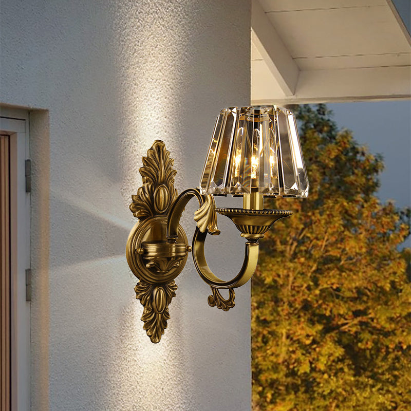 1 Bulb Porch Wall Lamp Contemporary Brass Finish Wall Lighting Fixture with Conical Clear Crystal Shade Clearhalo 'Modern wall lights' 'Modern' 'Wall Lamps & Sconces' 'Wall Lights' Lighting' 225745