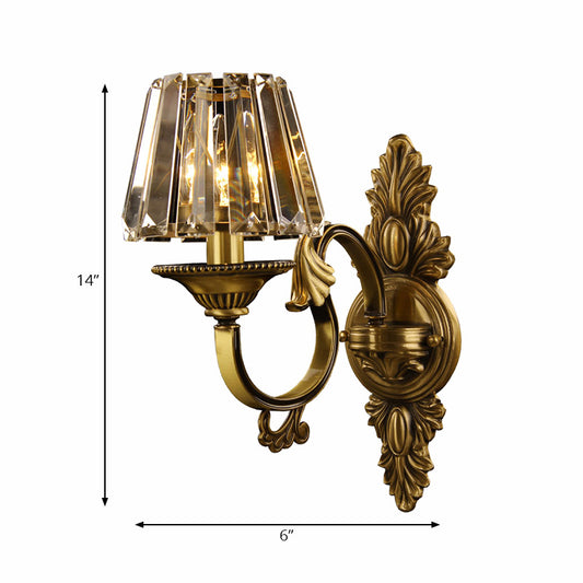 1 Bulb Porch Wall Lamp Contemporary Brass Finish Wall Lighting Fixture with Conical Clear Crystal Shade Clearhalo 'Modern wall lights' 'Modern' 'Wall Lamps & Sconces' 'Wall Lights' Lighting' 225747