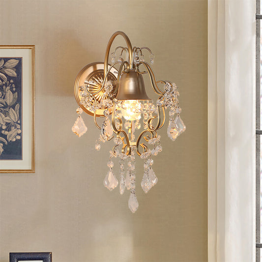 Golden Bell Shade Wall Lighting Vintage Style 1 Light Metal Sconce Light Fixture with Clear Crystal Draping Clearhalo 'Modern wall lights' 'Modern' 'Wall Lamps & Sconces' 'Wall Lights' Lighting' 225749