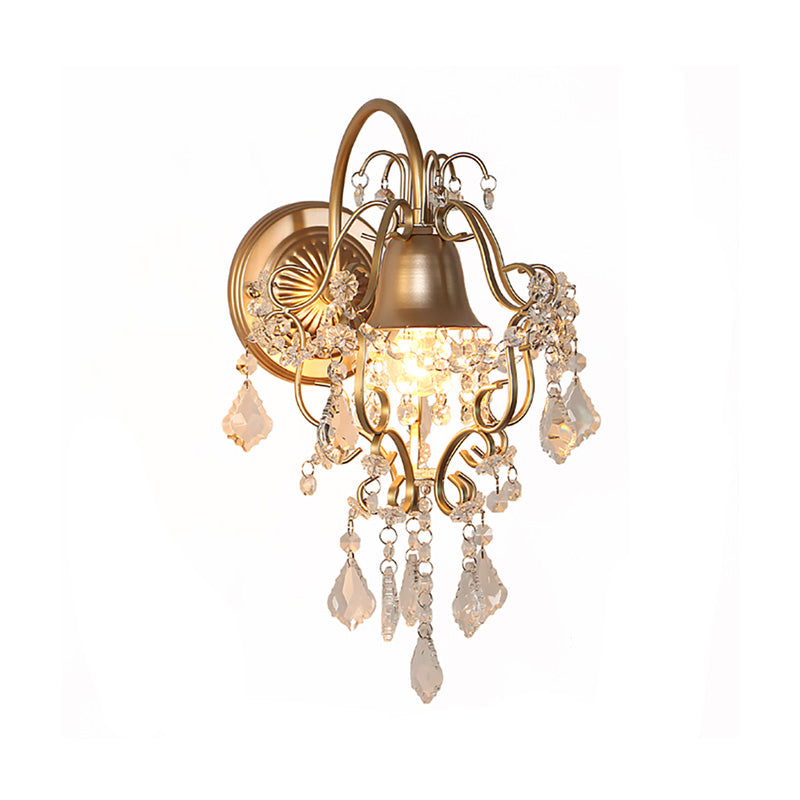 Golden Bell Shade Wall Lighting Vintage Style 1 Light Metal Sconce Light Fixture with Clear Crystal Draping