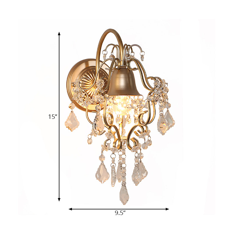 Golden Bell Shade Wall Lighting Vintage Style 1 Light Metal Sconce Light Fixture with Clear Crystal Draping