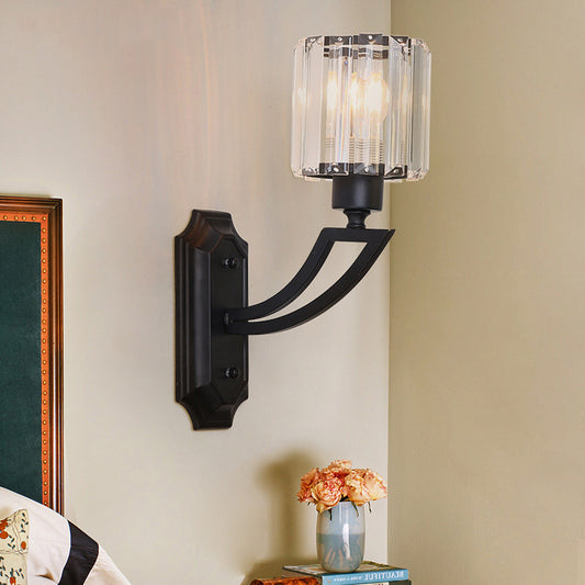 Cylindrical Clear Crystal Wall Light Modernist Style 1 Light Black/Gold Finish Wall Sconce Fixture with Curved Arm Black Clearhalo 'Cast Iron' 'Glass' 'Industrial' 'Modern wall lights' 'Modern' 'Tiffany' 'Traditional wall lights' 'Wall Lamps & Sconces' 'Wall Lights' Lighting' 225752