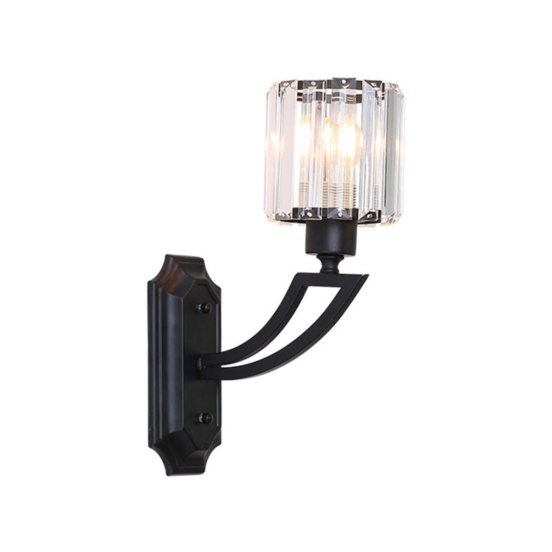 Cylindrical Clear Crystal Wall Light Modernist Style 1 Light Black/Gold Finish Wall Sconce Fixture with Curved Arm Clearhalo 'Cast Iron' 'Glass' 'Industrial' 'Modern wall lights' 'Modern' 'Tiffany' 'Traditional wall lights' 'Wall Lamps & Sconces' 'Wall Lights' Lighting' 225754
