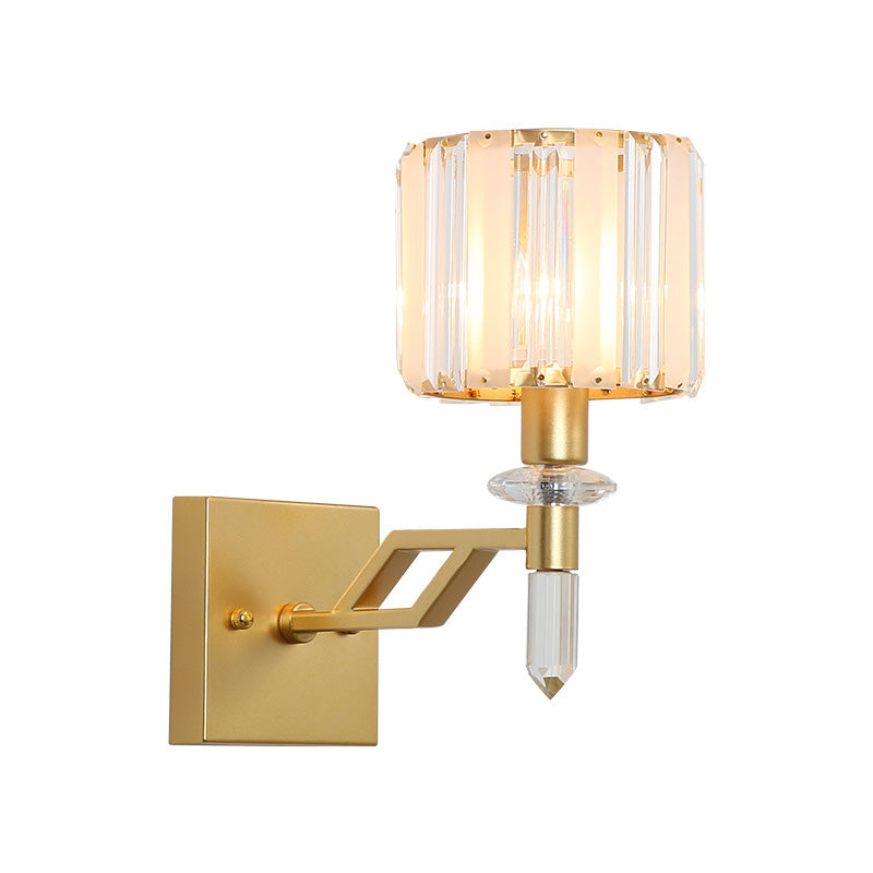 Cylindrical Clear Crystal Wall Light Modernist Style 1 Light Black/Gold Finish Wall Sconce Fixture with Curved Arm Clearhalo 'Cast Iron' 'Glass' 'Industrial' 'Modern wall lights' 'Modern' 'Tiffany' 'Traditional wall lights' 'Wall Lamps & Sconces' 'Wall Lights' Lighting' 225757