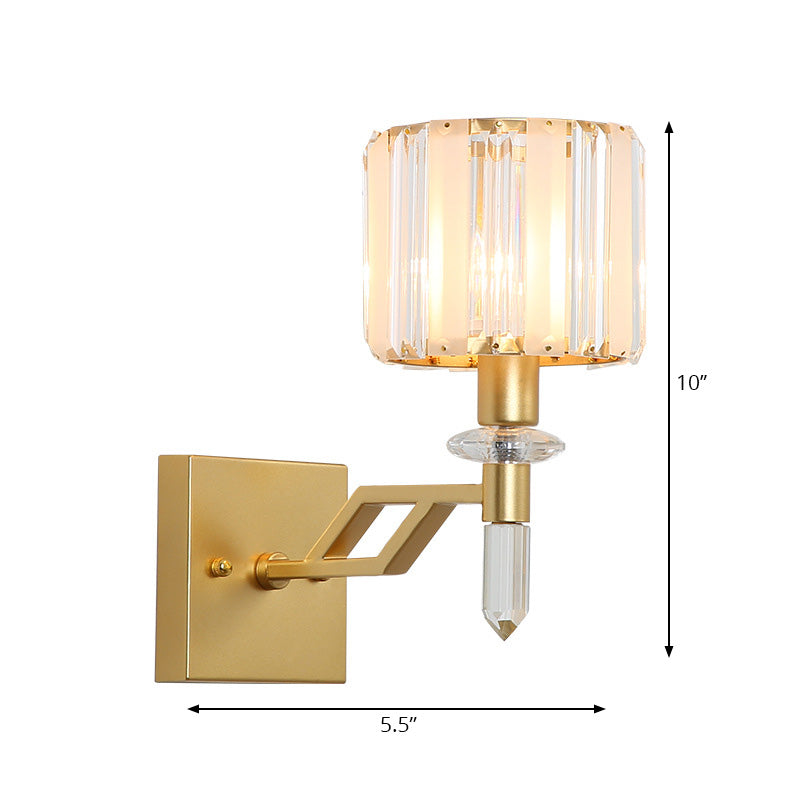 Cylindrical Clear Crystal Wall Light Modernist Style 1 Light Black/Gold Finish Wall Sconce Fixture with Curved Arm Clearhalo 'Cast Iron' 'Glass' 'Industrial' 'Modern wall lights' 'Modern' 'Tiffany' 'Traditional wall lights' 'Wall Lamps & Sconces' 'Wall Lights' Lighting' 225758