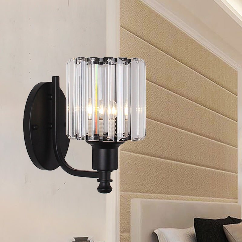 Modernist Cylinder Wall Light Clear Crystal 1 Head Bedroom Wall Mounted Light with Curved Arm in Black/Gold - Black - Clearhalo - 'Modern wall lights' - 'Modern' - 'Wall Lamps & Sconces' - 'Wall Lights' - Lighting' - 225759