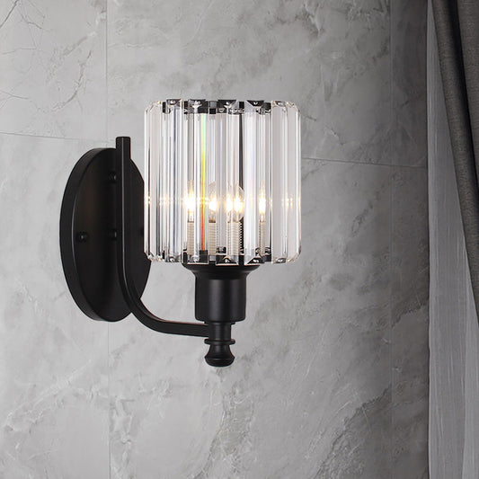 Modernist Cylinder Wall Light Clear Crystal 1 Head Bedroom Wall Mounted Light with Curved Arm in Black/Gold Clearhalo 'Modern wall lights' 'Modern' 'Wall Lamps & Sconces' 'Wall Lights' Lighting' 225760