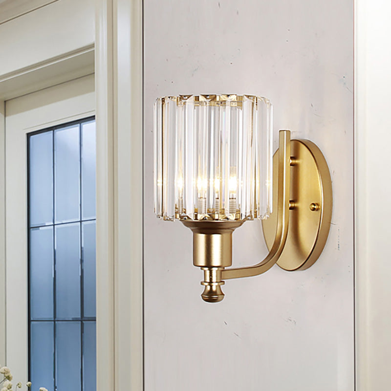 Modernist Cylinder Wall Light Clear Crystal 1 Head Bedroom Wall Mounted Light with Curved Arm in Black/Gold Gold Clearhalo 'Modern wall lights' 'Modern' 'Wall Lamps & Sconces' 'Wall Lights' Lighting' 225763