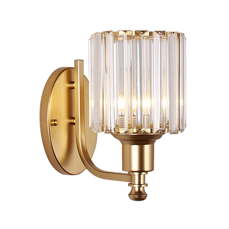 Modernist Cylinder Wall Light Clear Crystal 1 Head Bedroom Wall Mounted Light with Curved Arm in Black/Gold Clearhalo 'Modern wall lights' 'Modern' 'Wall Lamps & Sconces' 'Wall Lights' Lighting' 225764