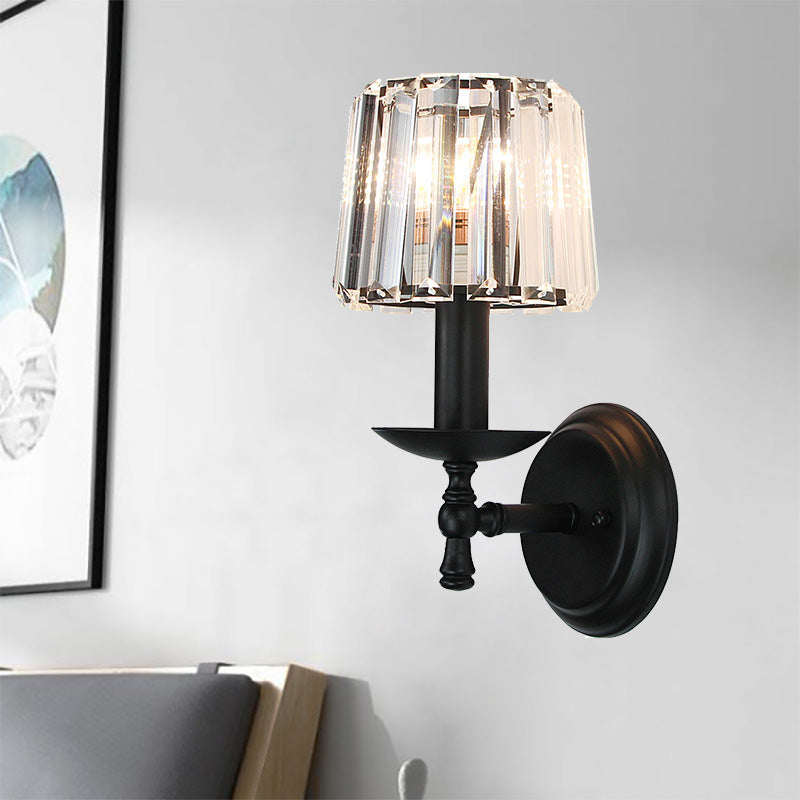 Contemporary Tapered Wall Lamp Clear Crystal 1 Head Bedside Wall Sconce Light with Curved/Straight Arm in Black Clearhalo 'Modern wall lights' 'Modern' 'Wall Lamps & Sconces' 'Wall Lights' Lighting' 225766