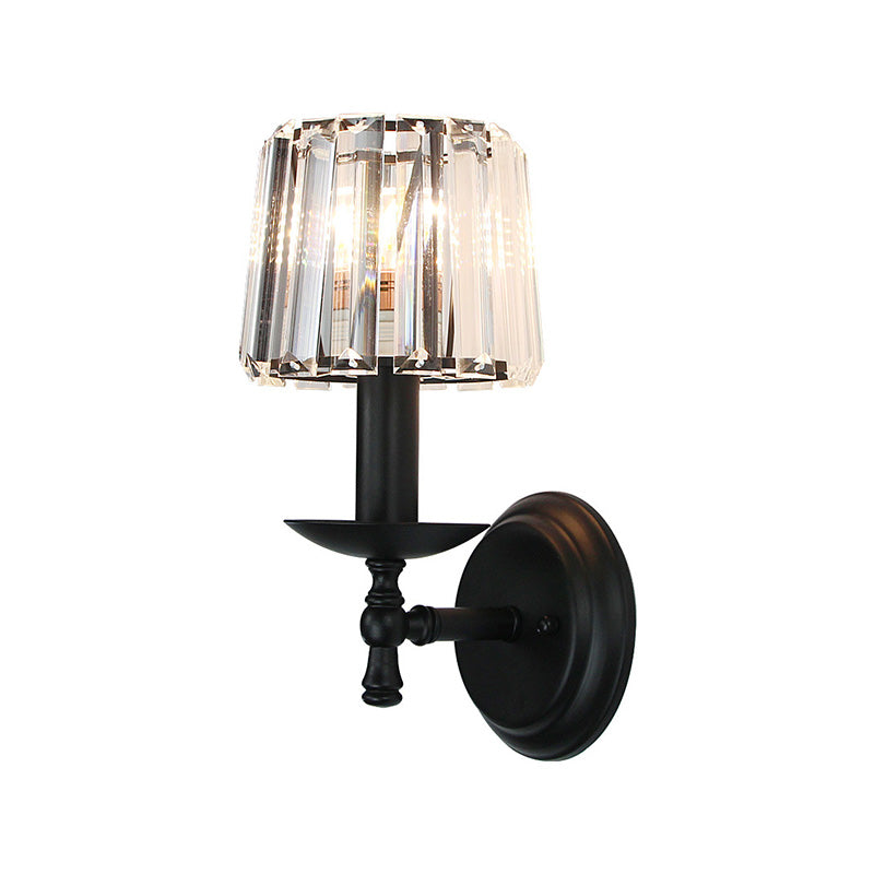 Contemporary Tapered Wall Lamp Clear Crystal 1 Head Bedside Wall Sconce Light with Curved/Straight Arm in Black Clearhalo 'Modern wall lights' 'Modern' 'Wall Lamps & Sconces' 'Wall Lights' Lighting' 225767
