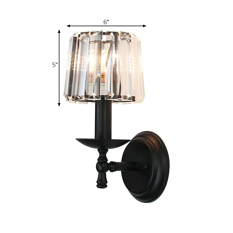 Contemporary Tapered Wall Lamp Clear Crystal 1 Head Bedside Wall Sconce Light with Curved/Straight Arm in Black Clearhalo 'Modern wall lights' 'Modern' 'Wall Lamps & Sconces' 'Wall Lights' Lighting' 225768