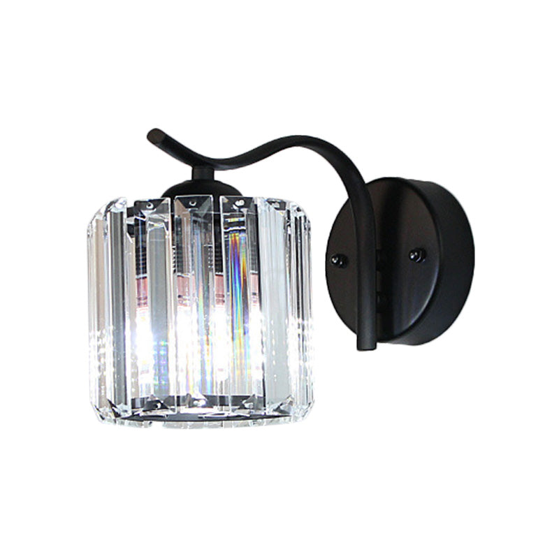 Contemporary Tapered Wall Lamp Clear Crystal 1 Head Bedside Wall Sconce Light with Curved/Straight Arm in Black