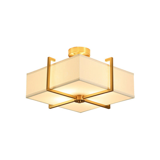 4 Lights Living Room Ceiling Light Fixture Traditional Brass Semi Flush with Rectangle Fabric Shade Clearhalo 'Ceiling Lights' 'Close To Ceiling Lights' 'Close to ceiling' 'Semi-flushmount' Lighting' 226001