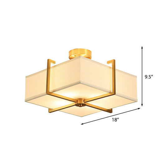 4 Lights Living Room Ceiling Light Fixture Traditional Brass Semi Flush with Rectangle Fabric Shade Clearhalo 'Ceiling Lights' 'Close To Ceiling Lights' 'Close to ceiling' 'Semi-flushmount' Lighting' 226002