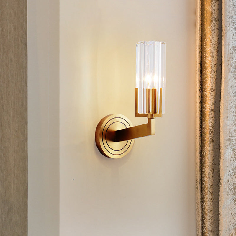 Crystal Ribbed Wall Mounted Lamp Retro 1/2 Lights Brass Flush Wall Sconce for Living Room Clearhalo 'Modern wall lights' 'Modern' 'Wall Lamps & Sconces' 'Wall Lights' Lighting' 226034