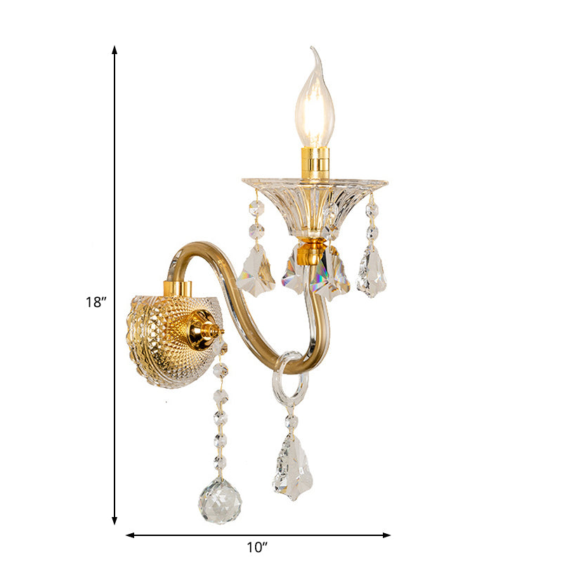 Mid-Century 1/2 Lights Wall Mounted Lighting Brass Candle Sconce Light Fixture with Crystal Shade Clearhalo 'Modern wall lights' 'Modern' 'Wall Lamps & Sconces' 'Wall Lights' Lighting' 226075