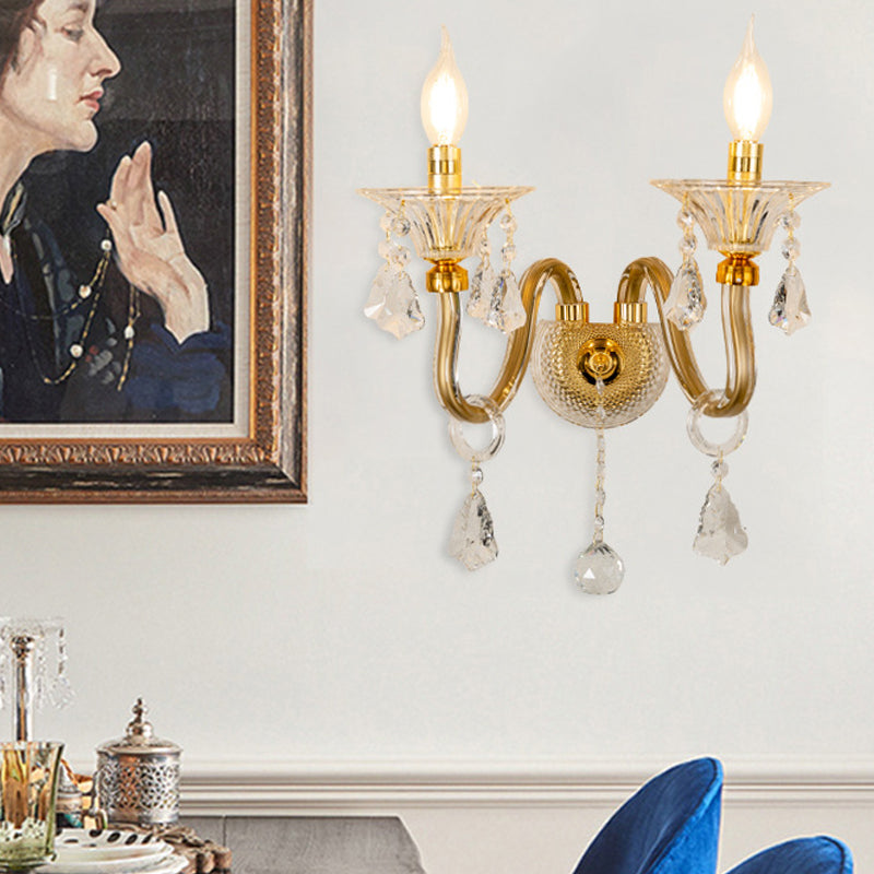 Mid-Century 1/2 Lights Wall Mounted Lighting Brass Candle Sconce Light Fixture with Crystal Shade Clearhalo 'Modern wall lights' 'Modern' 'Wall Lamps & Sconces' 'Wall Lights' Lighting' 226082