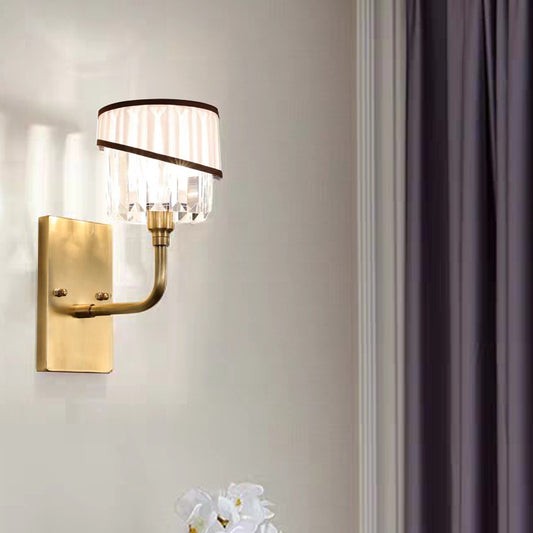 Brass Cylinder Sconce Light Wall Contemporary 1 Light Crystal Wall Mounted Lighting with Curved Arm Clearhalo 'Modern wall lights' 'Modern' 'Wall Lamps & Sconces' 'Wall Lights' Lighting' 226324