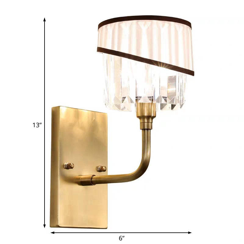Brass Cylinder Sconce Light Wall Contemporary 1 Light Crystal Wall Mounted Lighting with Curved Arm