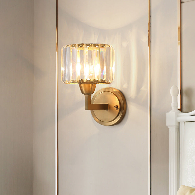 Simple 1 Light Wall Mounted Lighting Brass Drum Sconce Light Fixture with Crystal Shade Clearhalo 'Modern wall lights' 'Modern' 'Wall Lamps & Sconces' 'Wall Lights' Lighting' 226331