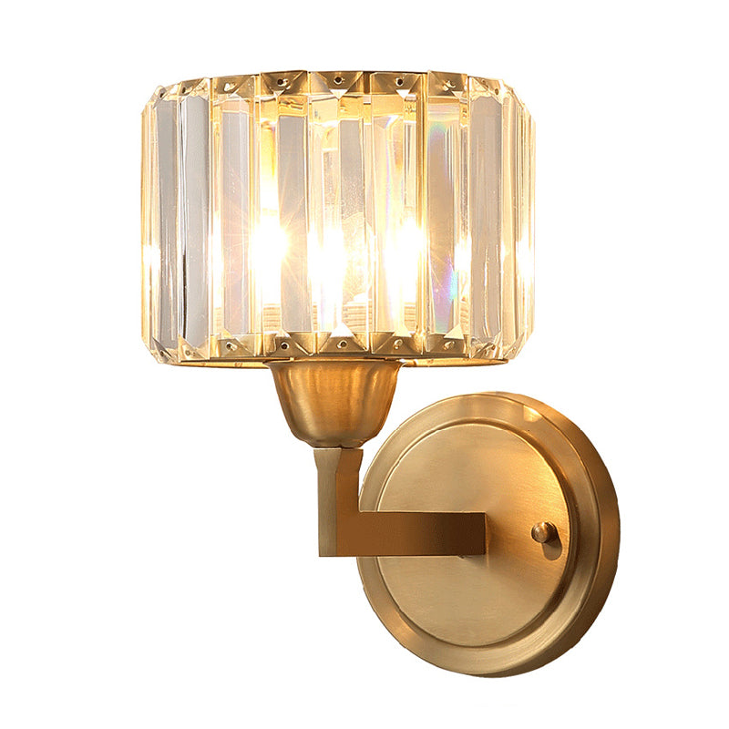 Simple 1 Light Wall Mounted Lighting Brass Drum Sconce Light Fixture with Crystal Shade Clearhalo 'Modern wall lights' 'Modern' 'Wall Lamps & Sconces' 'Wall Lights' Lighting' 226333