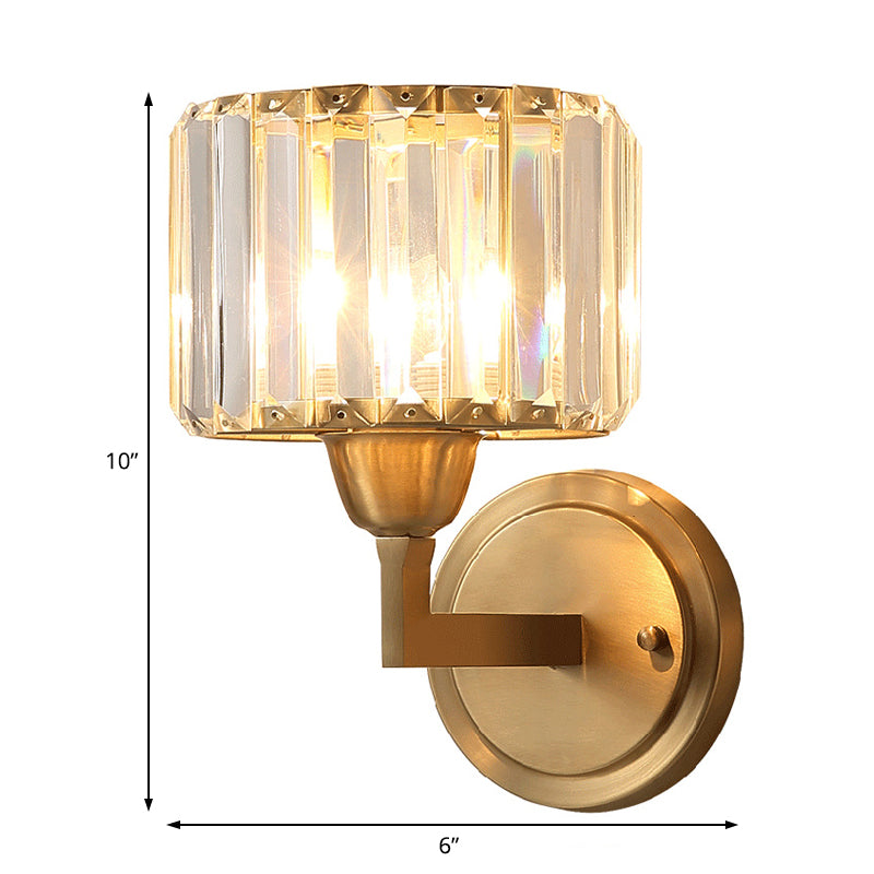 Simple 1 Light Wall Mounted Lighting Brass Drum Sconce Light Fixture with Crystal Shade Clearhalo 'Modern wall lights' 'Modern' 'Wall Lamps & Sconces' 'Wall Lights' Lighting' 226334