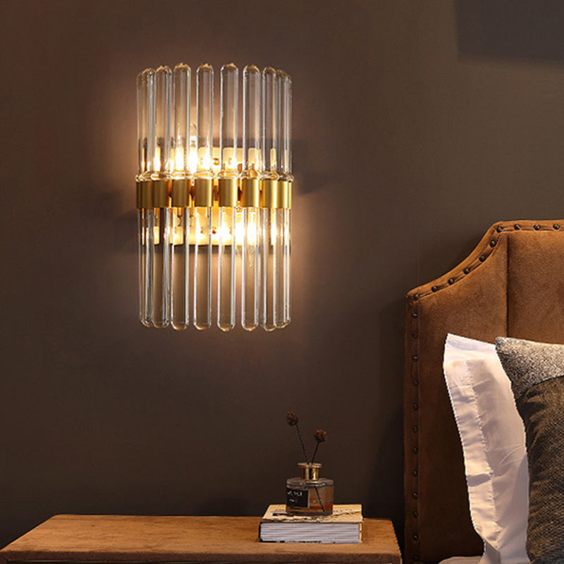 2 Lights Living Room Wall Sconce Lighting Contemporary Brass Wall Mount Light Fixture with Pipe Crystal Shade Clearhalo 'Cast Iron' 'Glass' 'Industrial' 'Modern wall lights' 'Modern' 'Tiffany' 'Traditional wall lights' 'Wall Lamps & Sconces' 'Wall Lights' Lighting' 226342