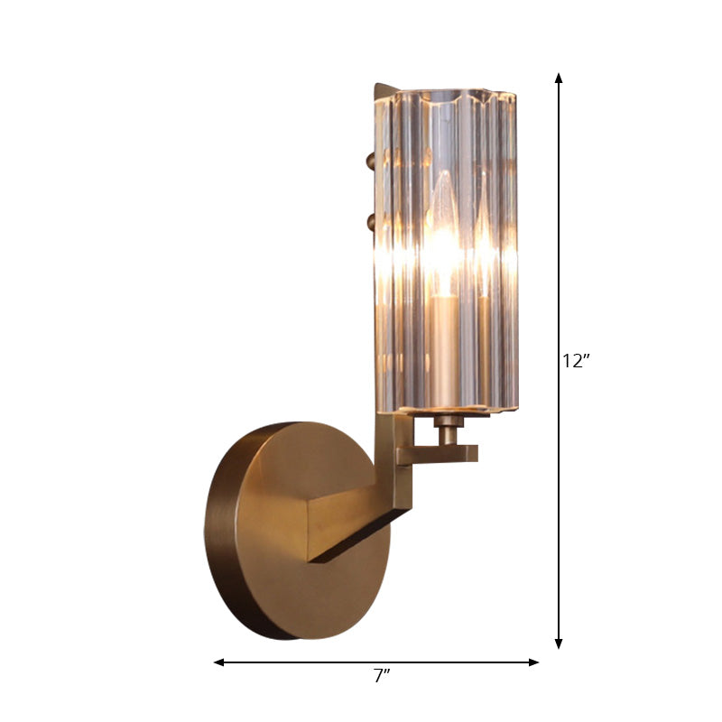 1 Light Hallway Wall Sconce Lighting Retro Brass Wall Mount Light Fixture with Tube Crystal Shade Clearhalo 'Cast Iron' 'Glass' 'Industrial' 'Modern wall lights' 'Modern' 'Tiffany' 'Traditional wall lights' 'Wall Lamps & Sconces' 'Wall Lights' Lighting' 226376