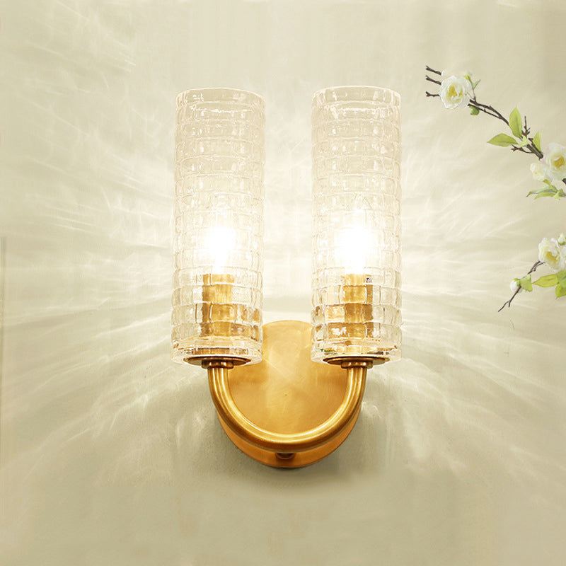 Brass Tubular Flush Mount Wall Sconce Contemporary 2 Lights Crystal Wall Light Fixture with Curved Arm Clearhalo 'Modern wall lights' 'Modern' 'Wall Lamps & Sconces' 'Wall Lights' Lighting' 226377