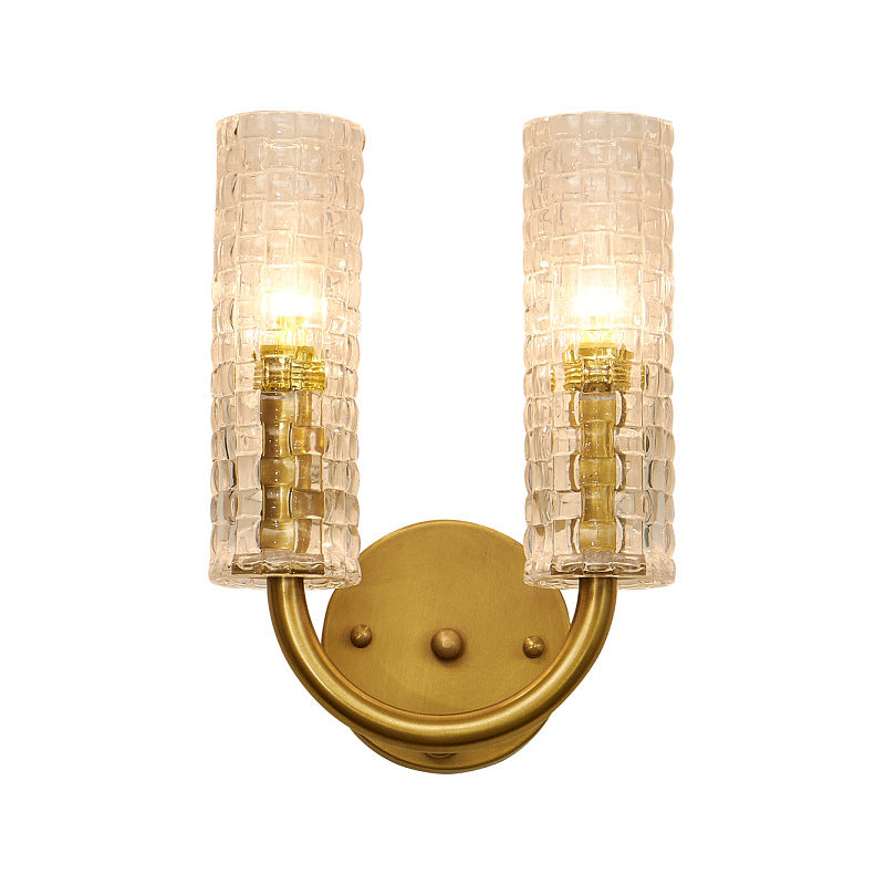 Brass Tubular Flush Mount Wall Sconce Contemporary 2 Lights Crystal Wall Light Fixture with Curved Arm Clearhalo 'Modern wall lights' 'Modern' 'Wall Lamps & Sconces' 'Wall Lights' Lighting' 226379