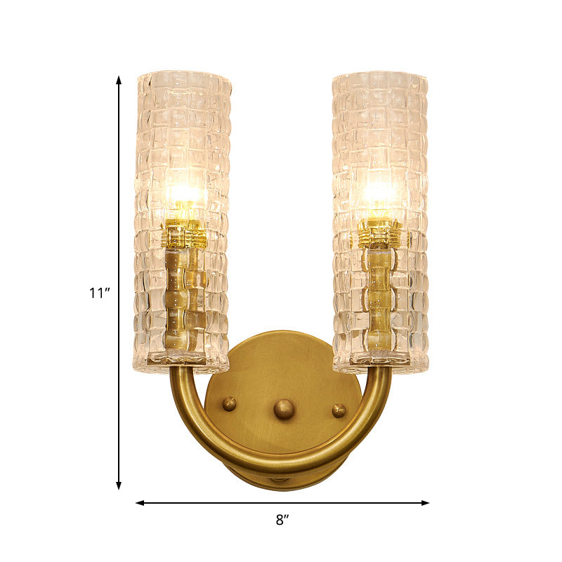 Brass Tubular Flush Mount Wall Sconce Contemporary 2 Lights Crystal Wall Light Fixture with Curved Arm
