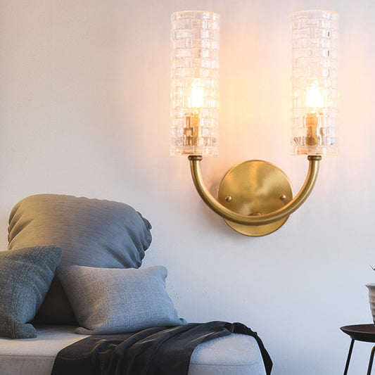 Brass Tubular Flush Mount Wall Sconce Contemporary 2 Lights Crystal Wall Light Fixture with Curved Arm Brass Clearhalo 'Modern wall lights' 'Modern' 'Wall Lamps & Sconces' 'Wall Lights' Lighting' 226381