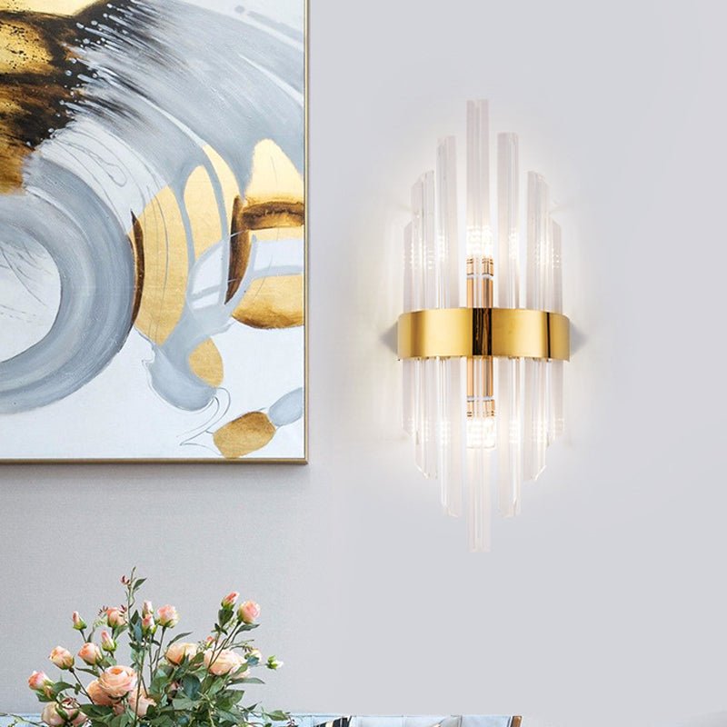 2 Lights Living Room Wall Sconce Lighting Simplicity Brass Wall Mount Light Fixture with Linear Crystal Shade Clearhalo 'Modern wall lights' 'Modern' 'Wall Lamps & Sconces' 'Wall Lights' Lighting' 226418