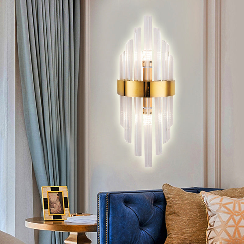 2 Lights Living Room Wall Sconce Lighting Simplicity Brass Wall Mount Light Fixture with Linear Crystal Shade Brass Clearhalo 'Modern wall lights' 'Modern' 'Wall Lamps & Sconces' 'Wall Lights' Lighting' 226422